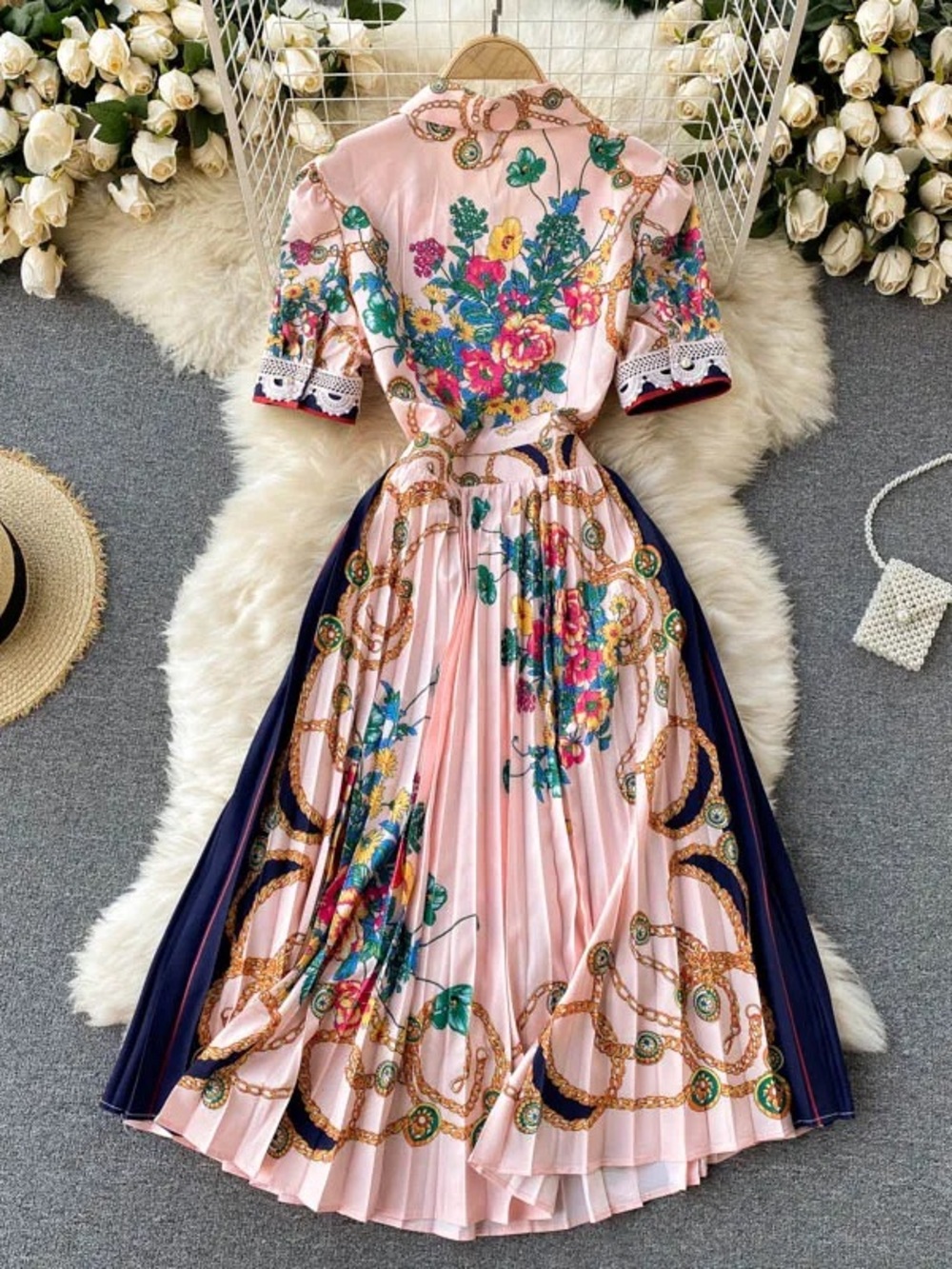 Pleated Floral Midi Dress in Light Pink - Picture 8 of 8